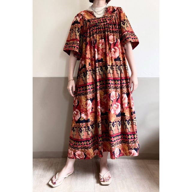 1980s Red Brown Floral Cotton Dress