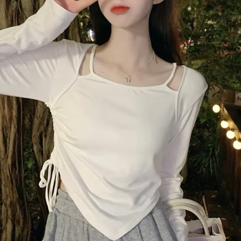 レイヤー風シャーリングロングTシャツ