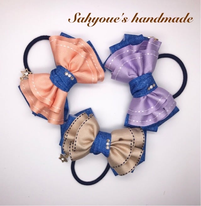 デニムリボン×春色サイドステッチリボン3色