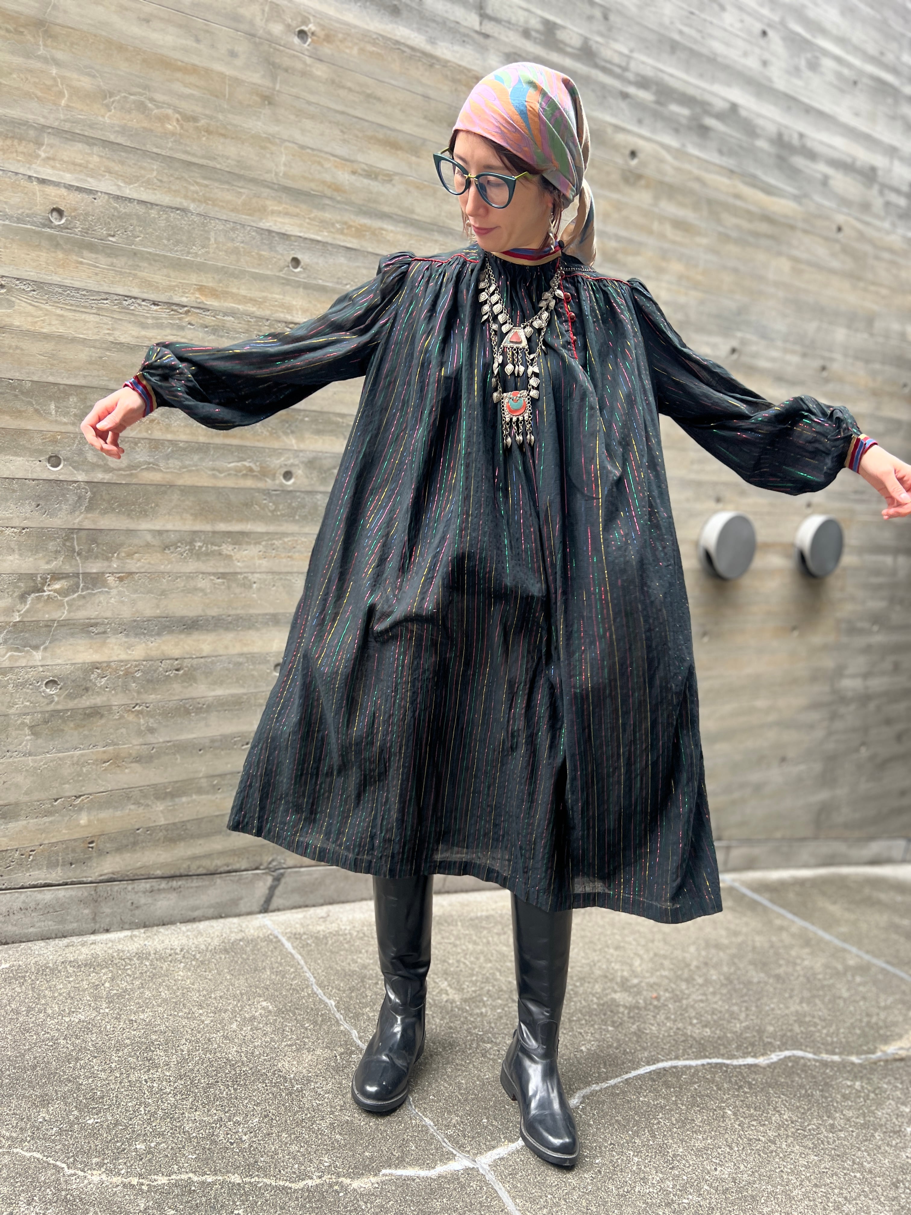 ★Special★Vintage indian cotton black lame volume dress