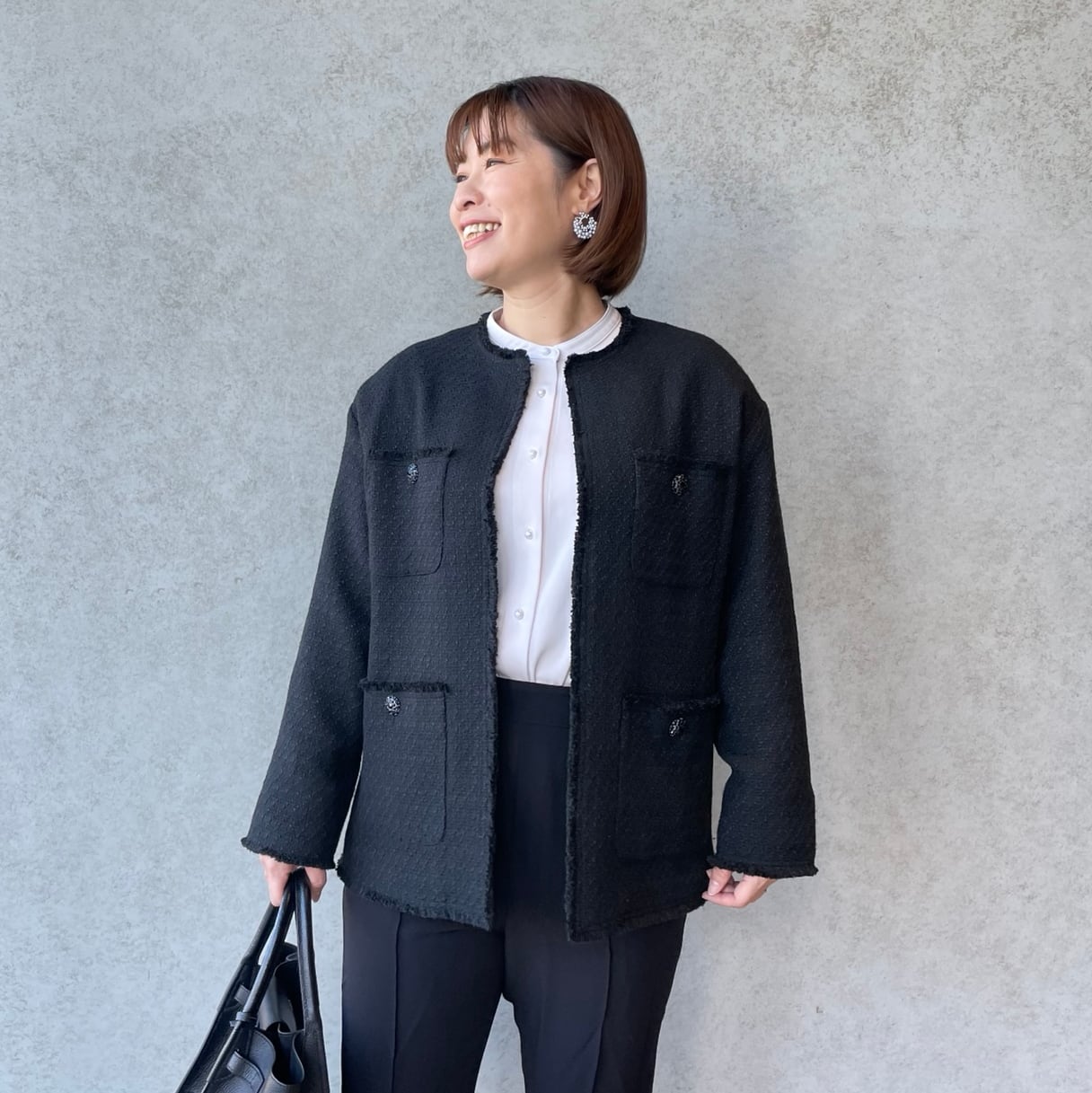 ゆったり着痩せ♡普段～お式まで♡ノーカラーツイードジャケット黒