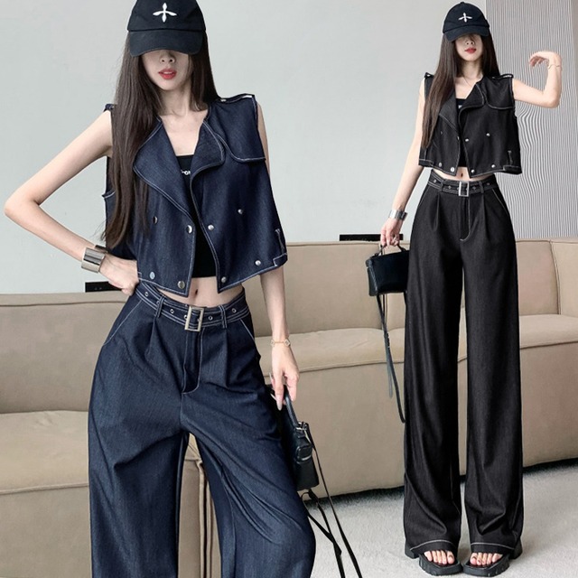 【XIAOHANシリーズ】★セットアップ★ 2点セット トップス+ズボン デニム 気質アップ ブルー ブラック 青い 黒い