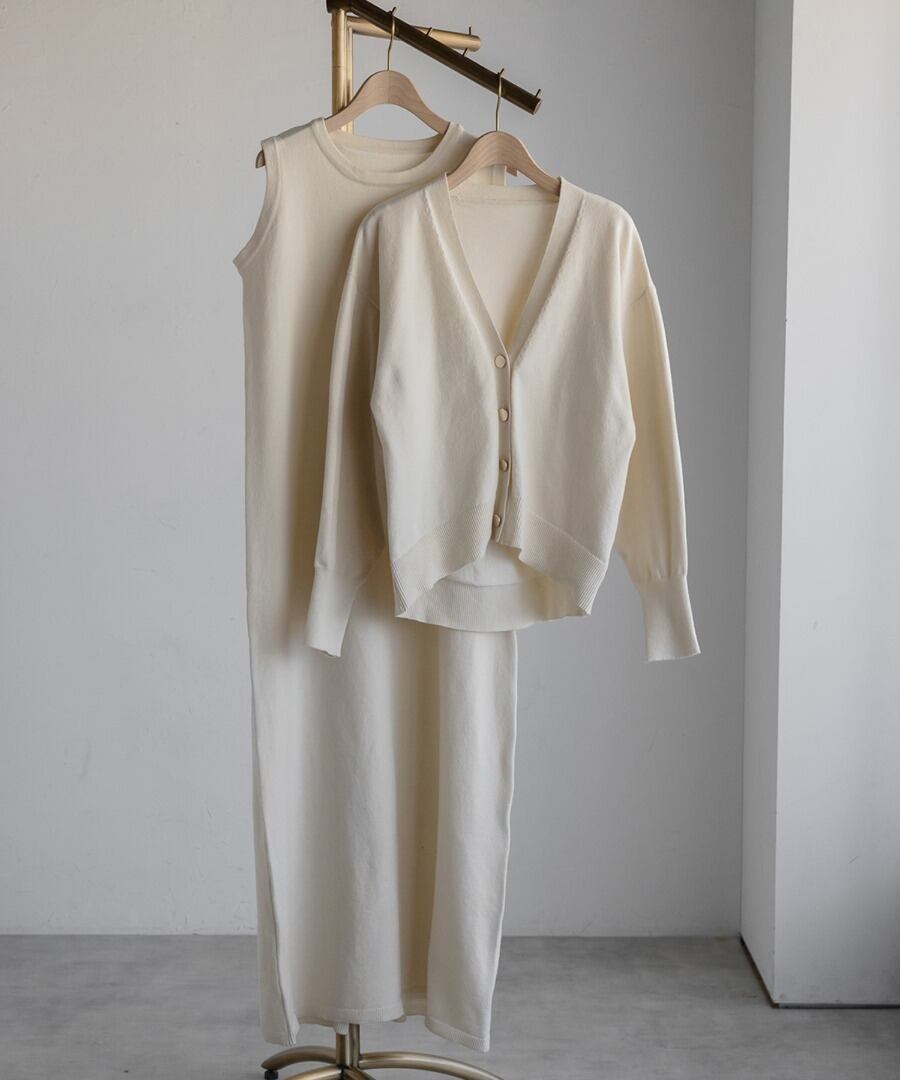 Vネックカーディガン×ノースリーブIラインワンピースセット【s-40083】.