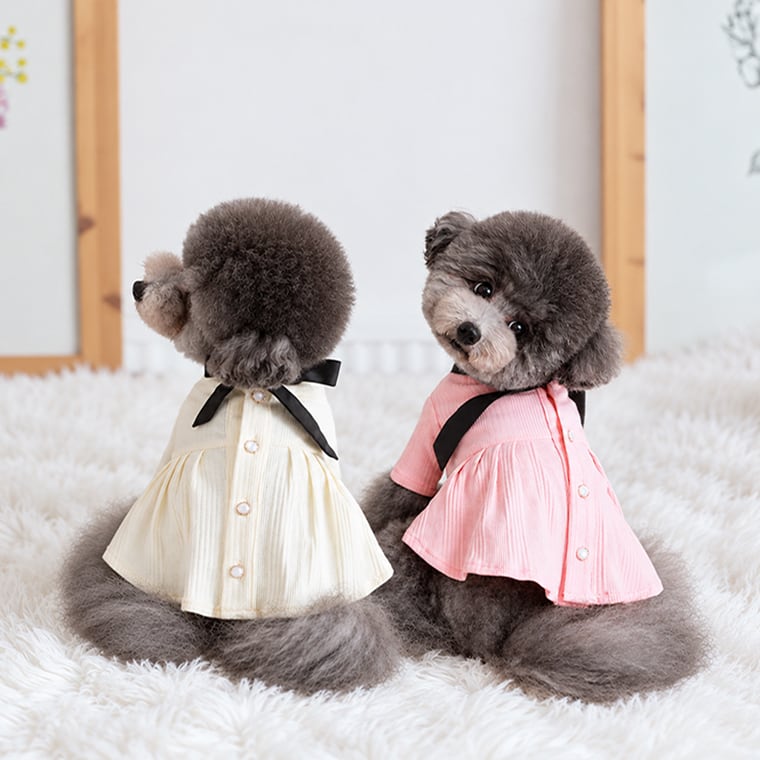 roeline pleats onepiece S ~ XL 3color / 犬服 ワンピース 秋冬 春 リボン ドレス 背中開き 無地 韓国ブランド ドッグウェア おしゃれ 長袖 シンプル ストレッチ 映える お揃い 撮影会 エレガント 伸縮性