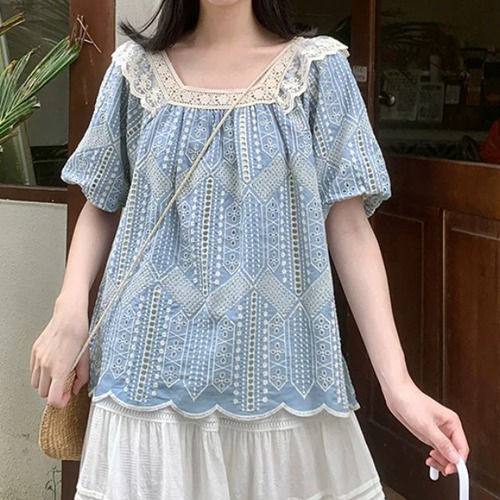 レース切り替え刺繍スカラップブラウス ・12020