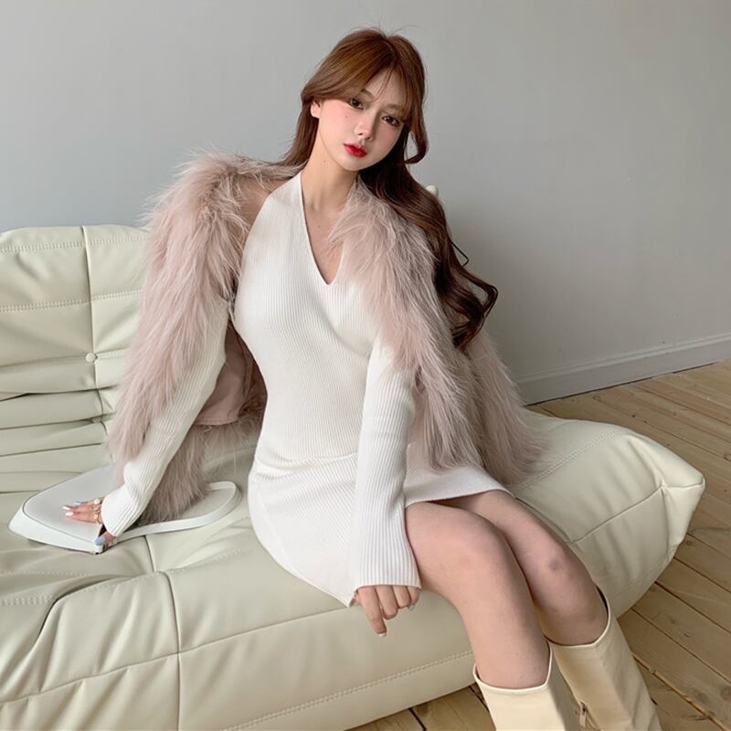 スタイルVネックホルタードレス スプリングニット ロング 春物 ヨーロピアン ドラファッションホール10121737586