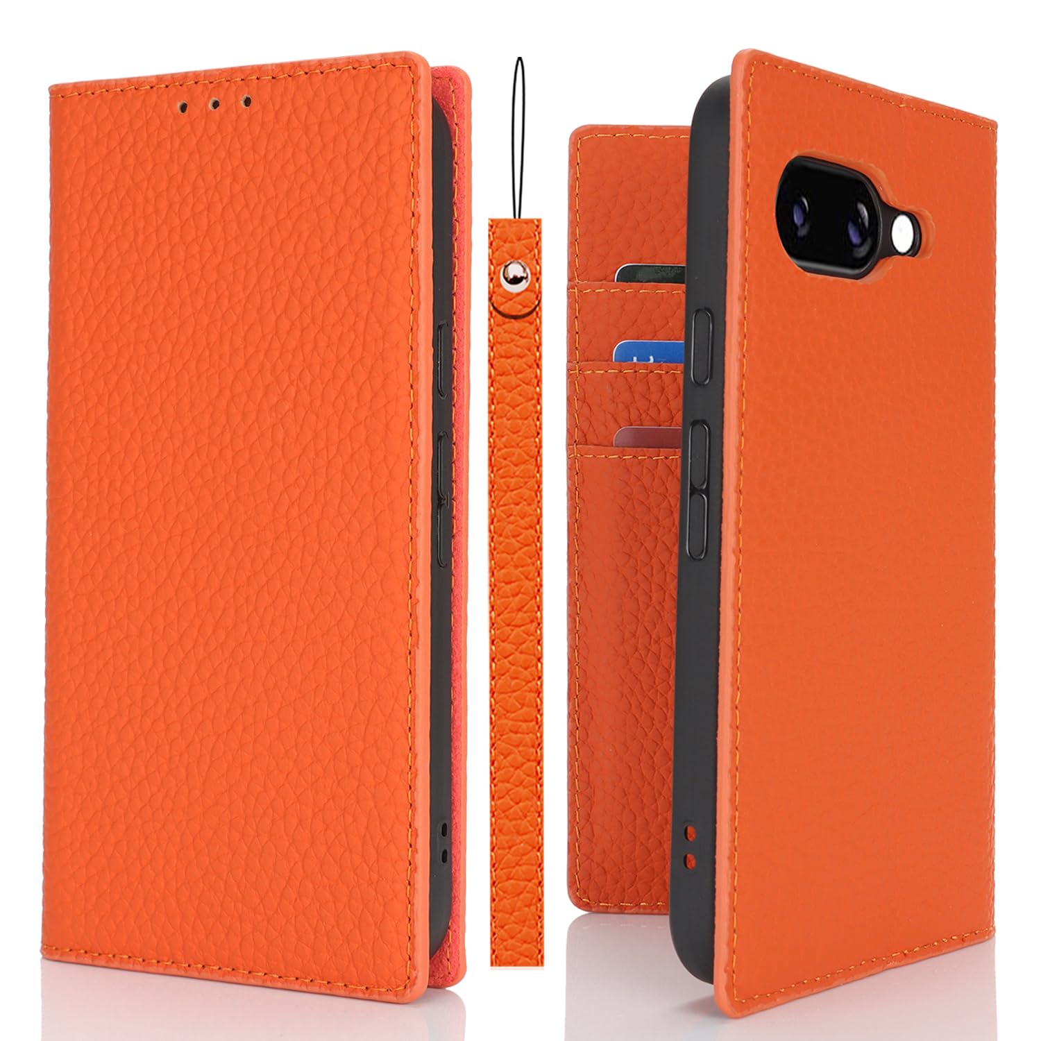 Pelanty for Google Pixel 9A ケース手帳型 pixel9a スマホケース 牛革製品 本革レザー 財布型カバー カード収納 スタンド機能 内蔵マグネット 手作り柔らかい グーグル ピクセル9a 携帯カバー ストラップ付 ヘッドフォンケーブル 耐衝撃 オレンジ