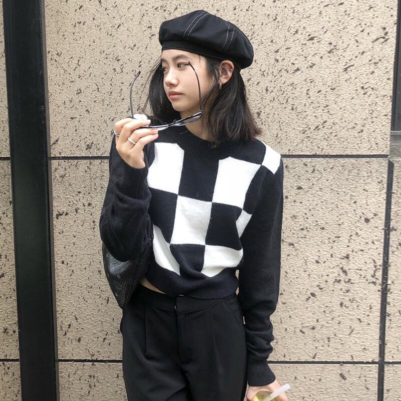 トップス ニット セーター 格子柄 チェック モノクロ 秋 冬 | Pay ID トップス ニット セーター 格子柄 チェック モノクロ 秋 冬 | Pay ID
