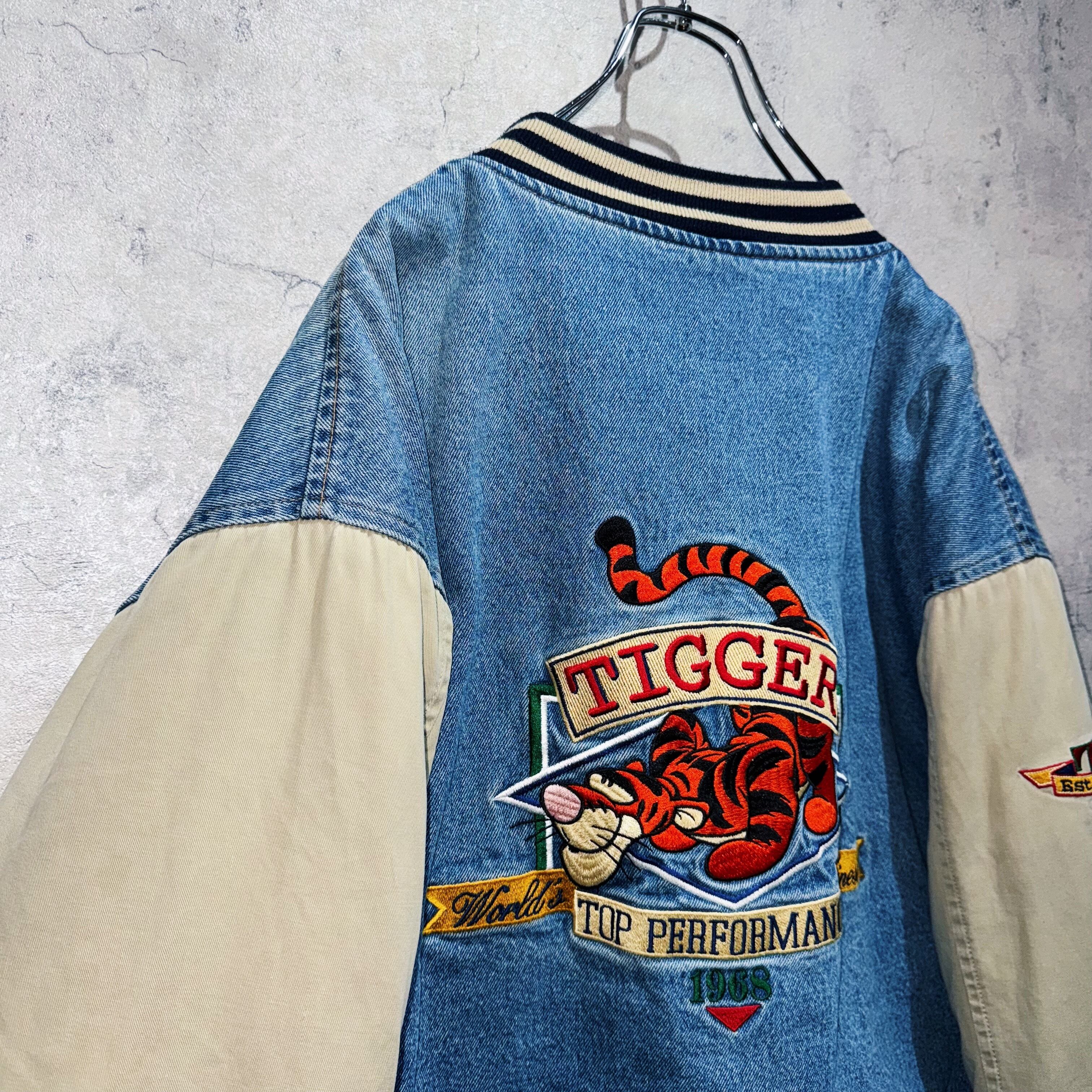 90's”Disney”TIGGER embroidery design denim varsity jacket | ayne