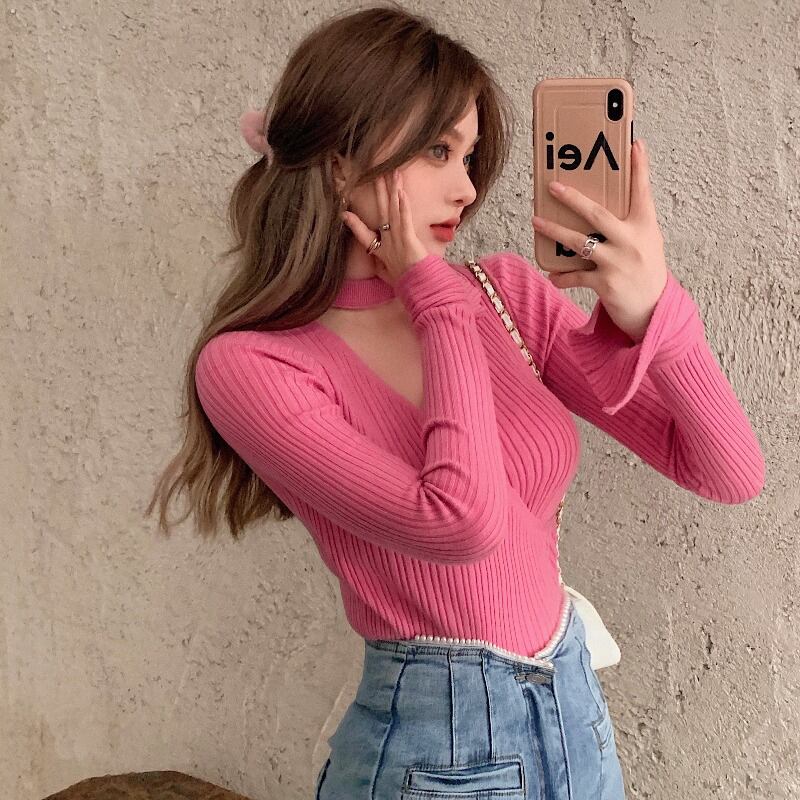 ニットセーター Vネックホルターシャツ オータムウィンタートップス ピンク 秋物 冬物 ブラックストロベリース39853102768