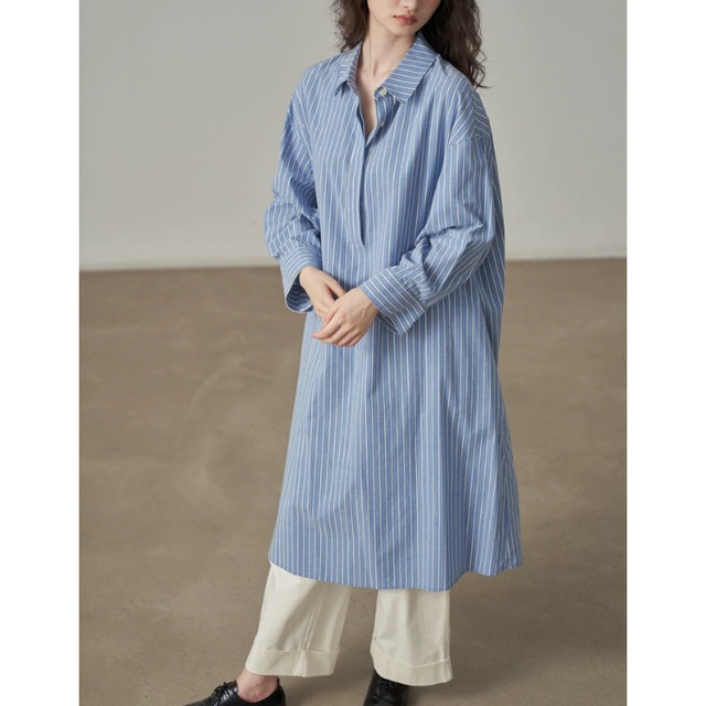 ストライプ柄　ボタンダウン　シャツワンピース　1col　N00166