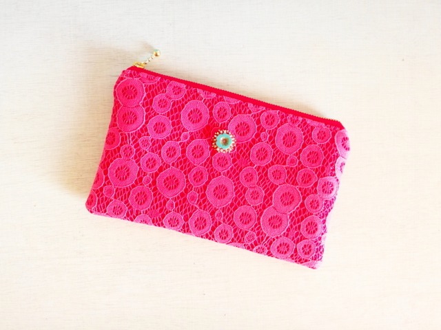 レース模様のぺたんこポーチ（桃no.９）