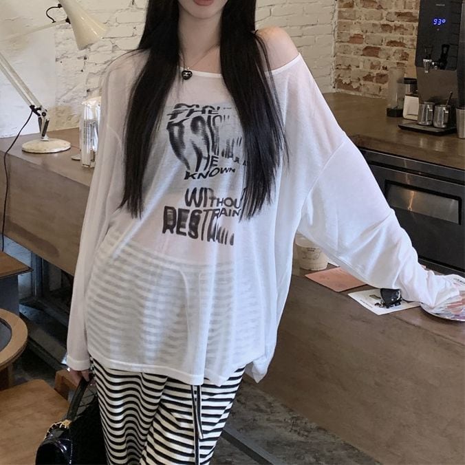 シアー ストライプ ルーズ Tシャツ 長袖 韓国 トップス hr8812 シアー tシャツ 薄手 オフショルダー シアートップス ルーズ