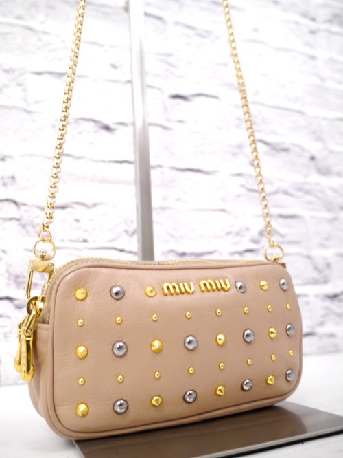 美品◆miu miu ミュウミュウ ビジュー スタッズ チェーンストラップ クロスボディ ミニ ショルダー バッグ ポーチ ポシェット◆ 希少モデル