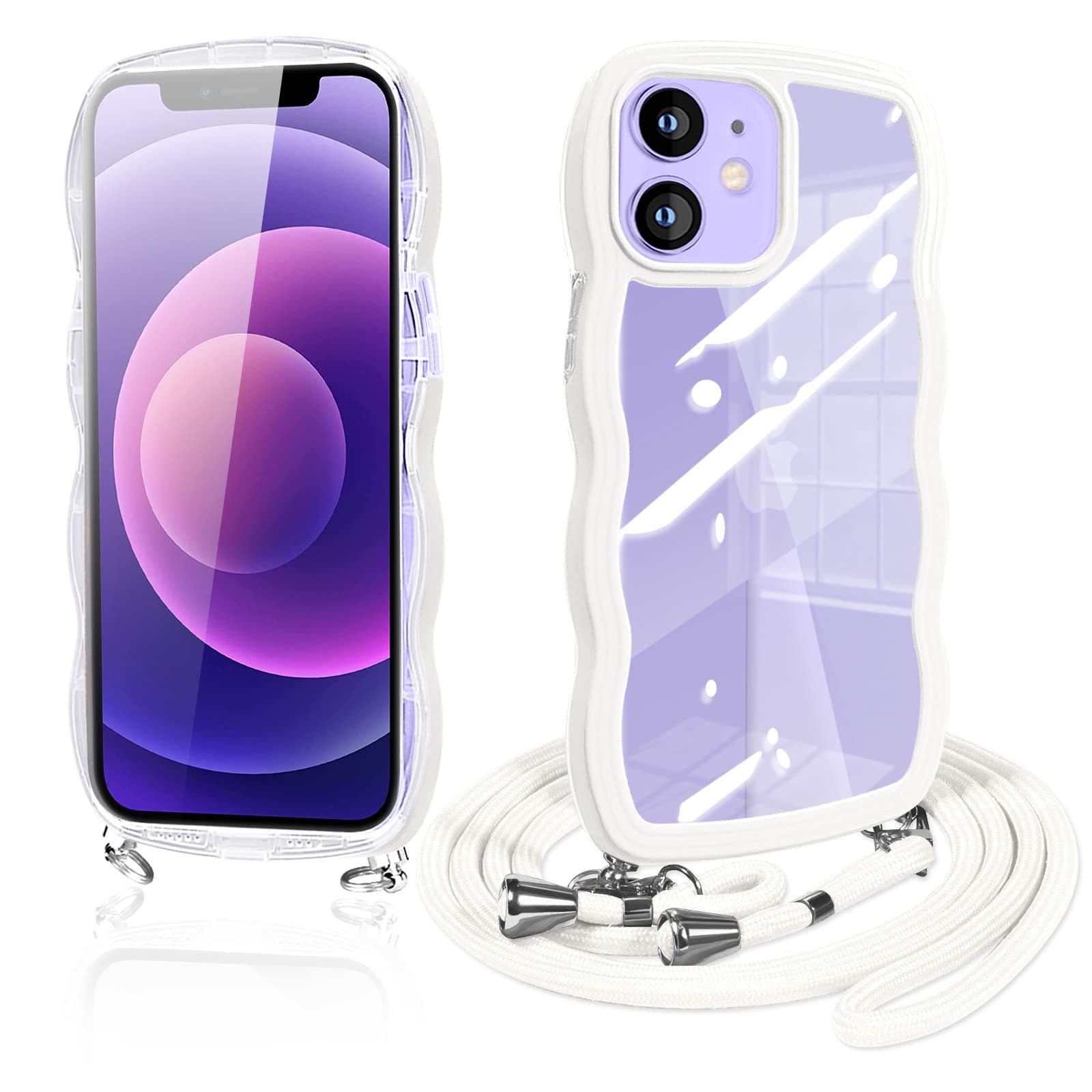 Guokaien iPhone12 Pro / iphone12 用の ケース クリア ショルダー いphone 12 12pro スマホケース カバー 透明 TPU ストラップ付き 肩掛け 首掛け 紐付き 斜めがけ 創意 個性 可愛い かわいい 韓国 耐衝撃 アイフォン12Pro(ホワイト)