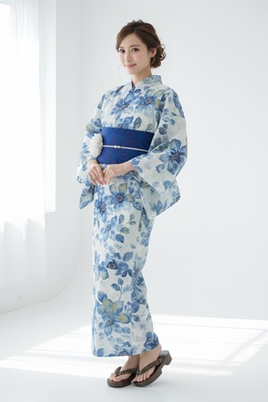 浴衣ジェンヌ 浴衣5点セット 綿 ゆかた 半幅帯 浴衣 オフホワイト 青 ブルー 花柄