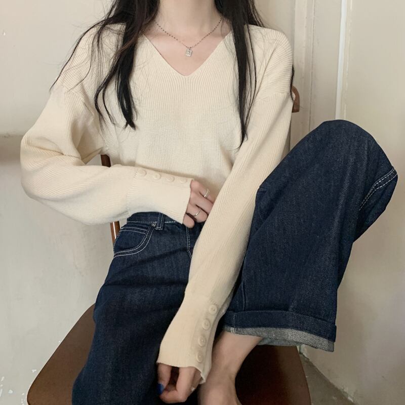 Vネックセーター スプリングオータムスタイルシャツ ショートトップス ロング 春物 秋物 スーパーモール89065376871