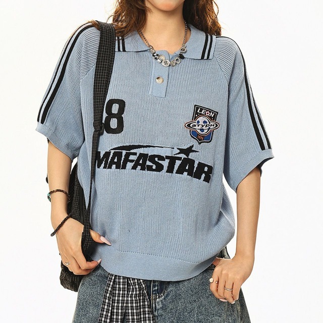 マルチボーダーラインドロップショルダーポロトップス 2col   R02563