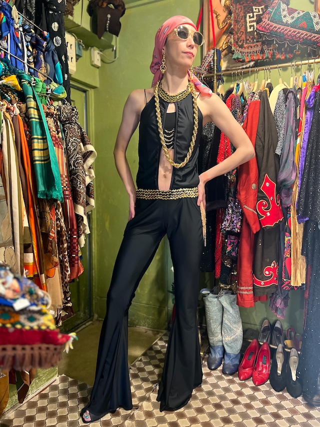 Vintage ITALY black × gold chain spangle jumpsuits ( ヴィンテージ イタリア  ブラック × スパンコール チェーン ジャンプスーツ )