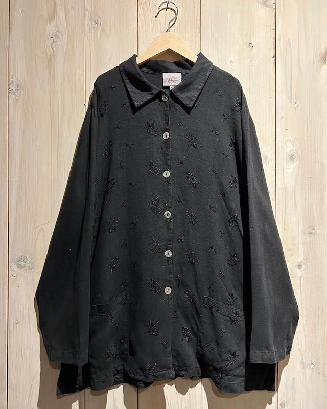 【a.k.a.C.a.k.a vintage】Flower Embroidery Vintage Loose Linen Shirt Jacket