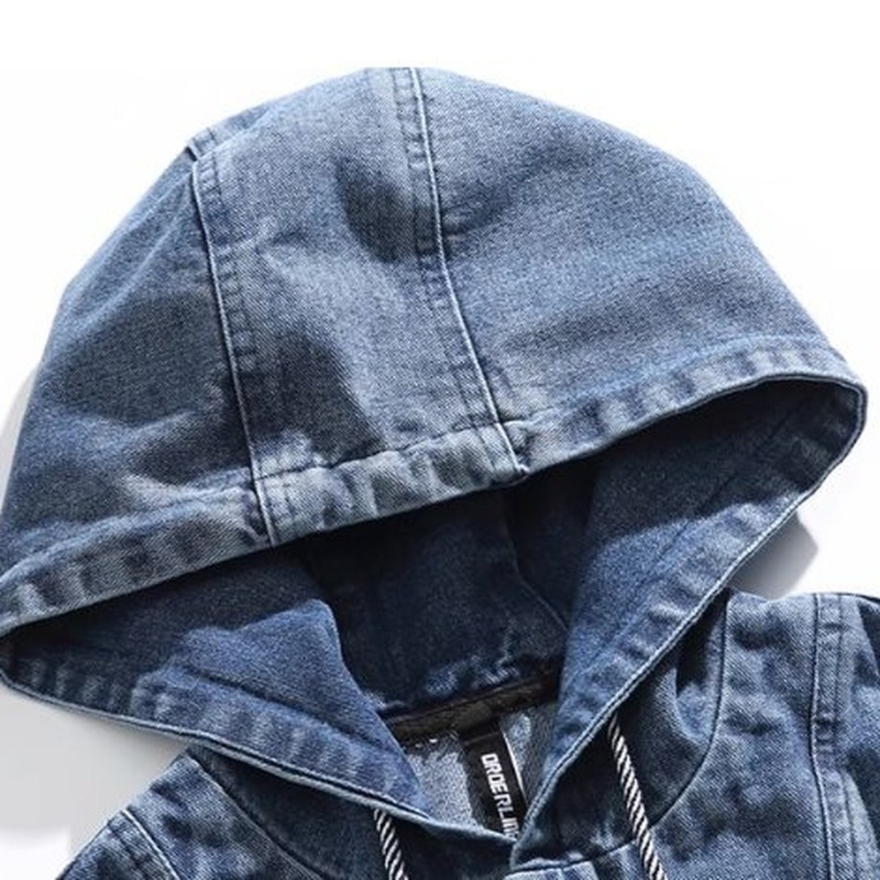 Denim Fabric Hooded Pullover Parker with Drawcord and Kangaroo Pocket ◇H0741
