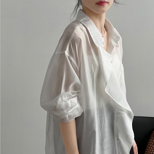 送料無料 春新作 レディース長袖シアーデニムシャツブラウス ロング丈ワンピ 韓国ファッション 春秋冬 トップス ホワイト グリーン ブラック