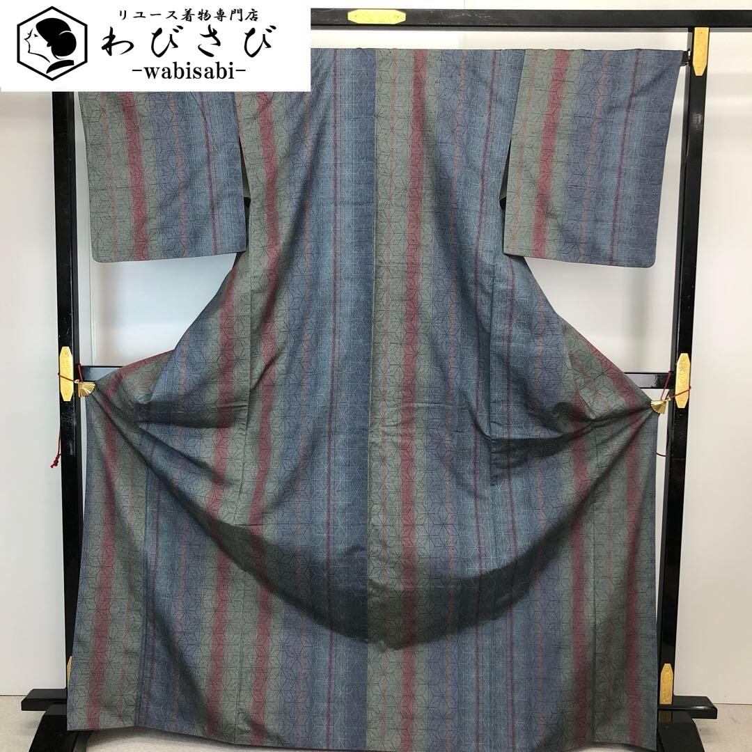 夏着物 浴衣 うちわに花模様 留紺色 トールサイズ しつけ糸 K-5979