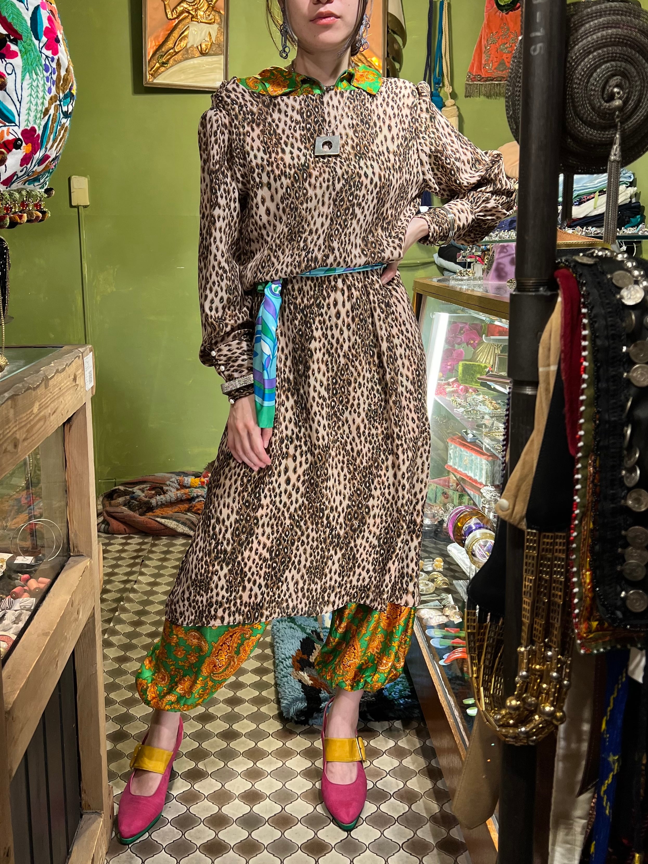 Vintage Leopard see-through drape neck dress ( ヴィンテージ