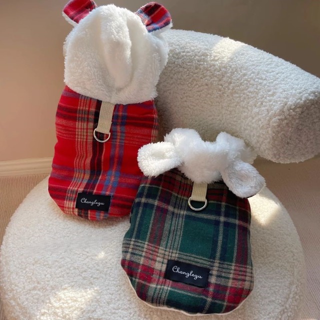 耳付きボアフードのチェックアウター　犬服　00459