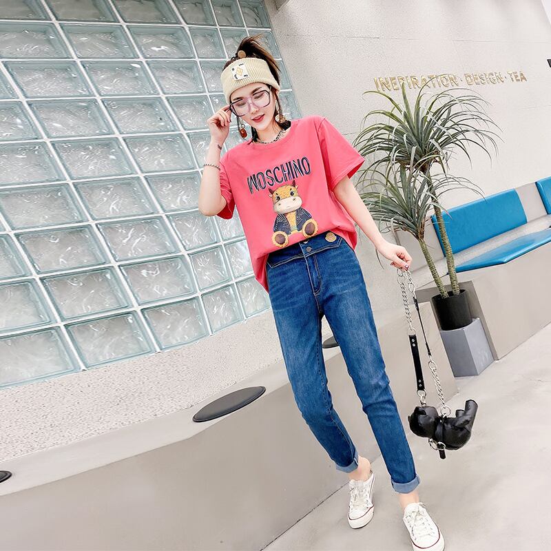 スプリングラウンドネックTシャツ 薄手ウェストバックルジーンズ 大きめサイズ 春物 Oネック ミックスインファッション23968764633