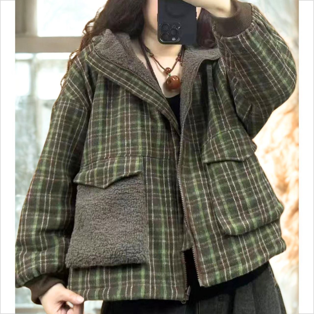 チェック柄 ゆるっと可愛い もこもこ2WAYジャケット Ln00418