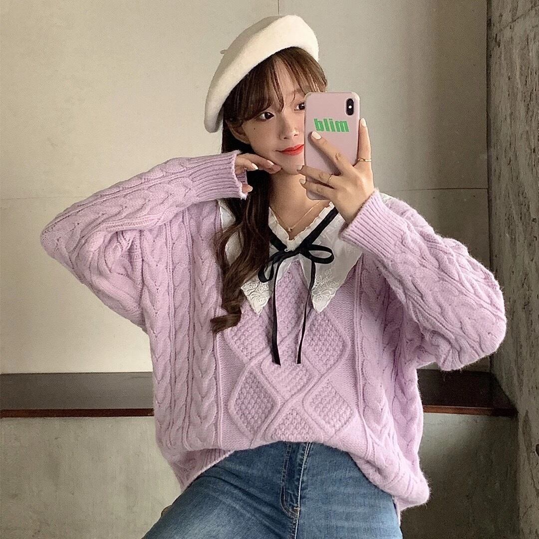 フロントリボンケーブル編みニット