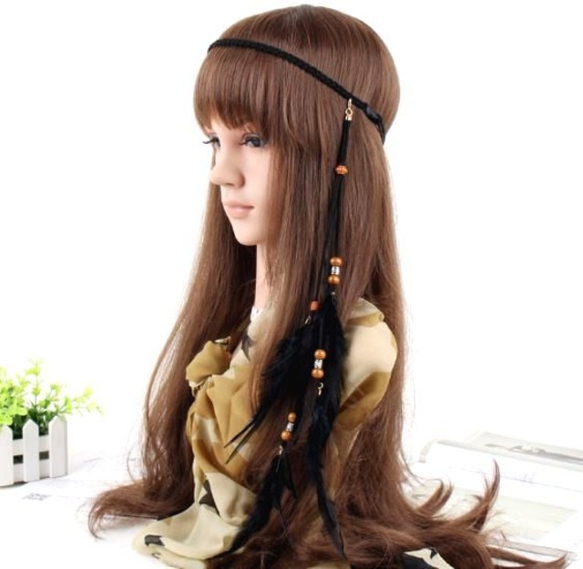 ボヘンミアンヘアアクセサリー インディアンフェザーヘアバンド 黒 羽根髪飾り ｈathor ハトホル