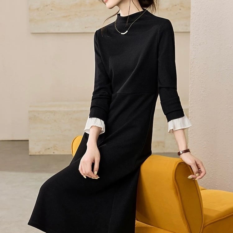 長袖 ミモレ丈 モックネック ワンピース YH9720