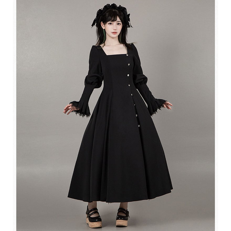 ゴスロリ ワンピース 黒 白 付け襟 ロングドレス 鍵チャーム 4点