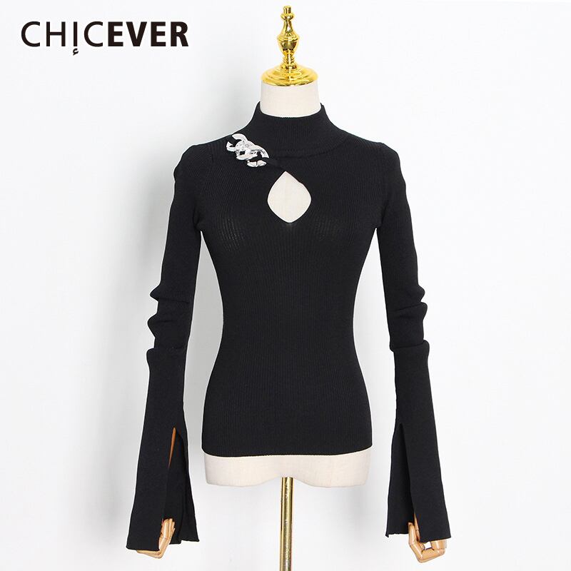 CHICEVERストリートウェアセーター女性タートルネック長袖スリム中空アウトパッチワーク薄いスパンコールプルオーバー2021タイド ロング 6base573643140834
