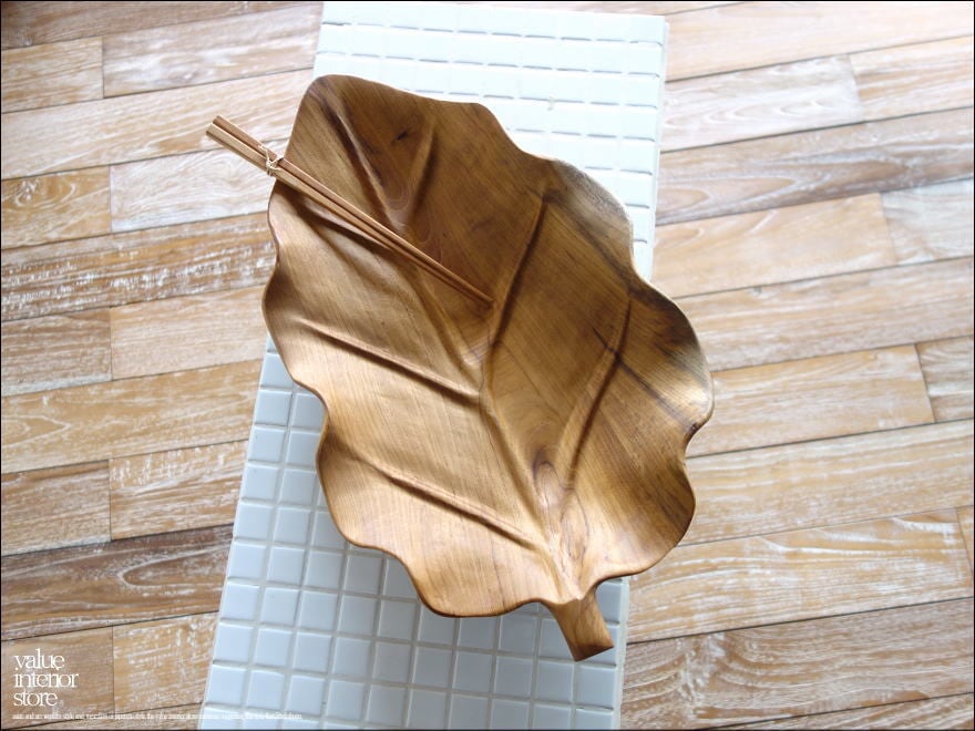 チーク無垢材 大型リーフプレートN07 大皿 盛り皿 菓子鉢 サラダボウル フルーツトレイ 木製食器 小物入れ ナチュラル 天然素材