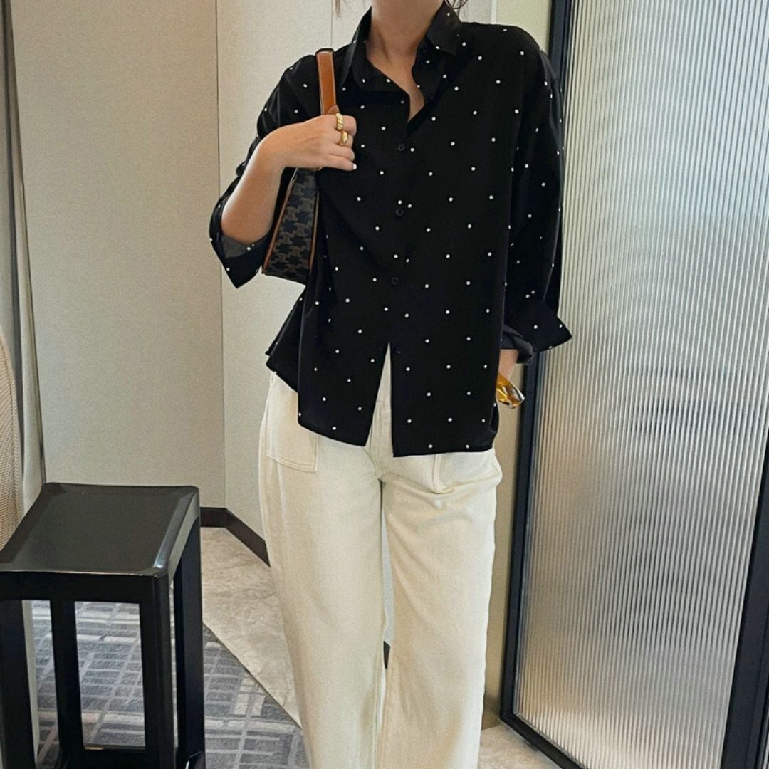 7あみさん ドット柄 ボタンフロント 長袖 シャツ 00610
