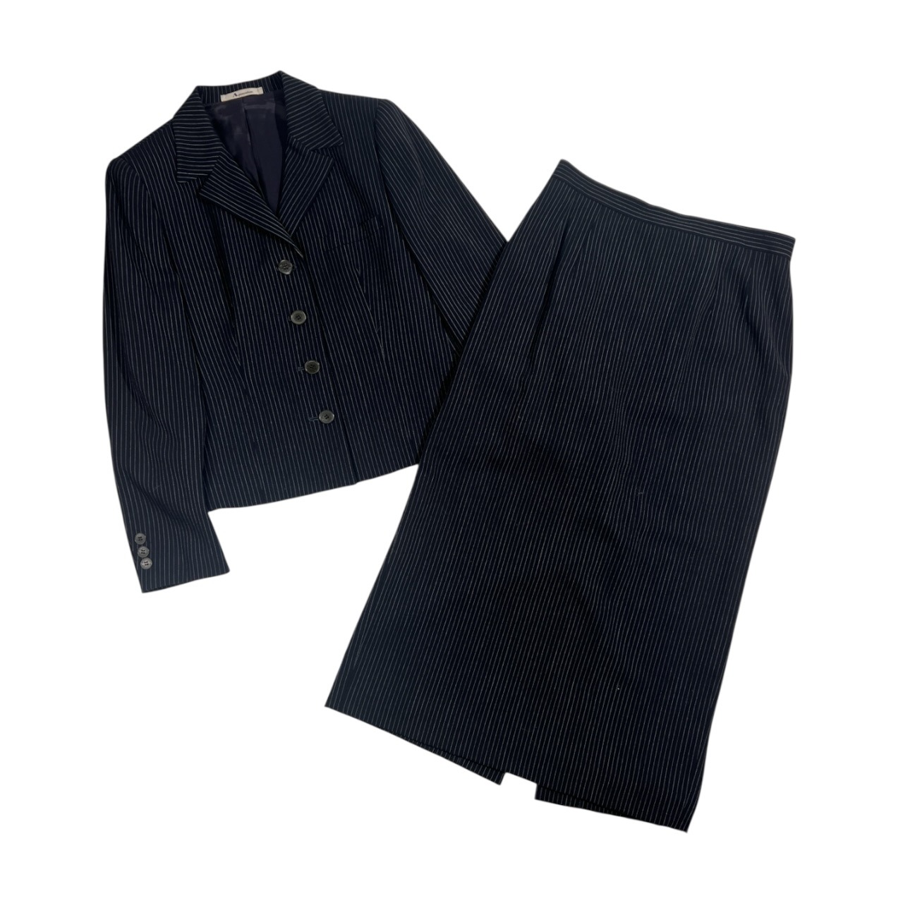 上下 Aquascutum アクアスキュータム ストライプ ジャケット スカート セットアップ スーツ (上)9(下)11/ネイビー系 レディース レナウン ビンテージ