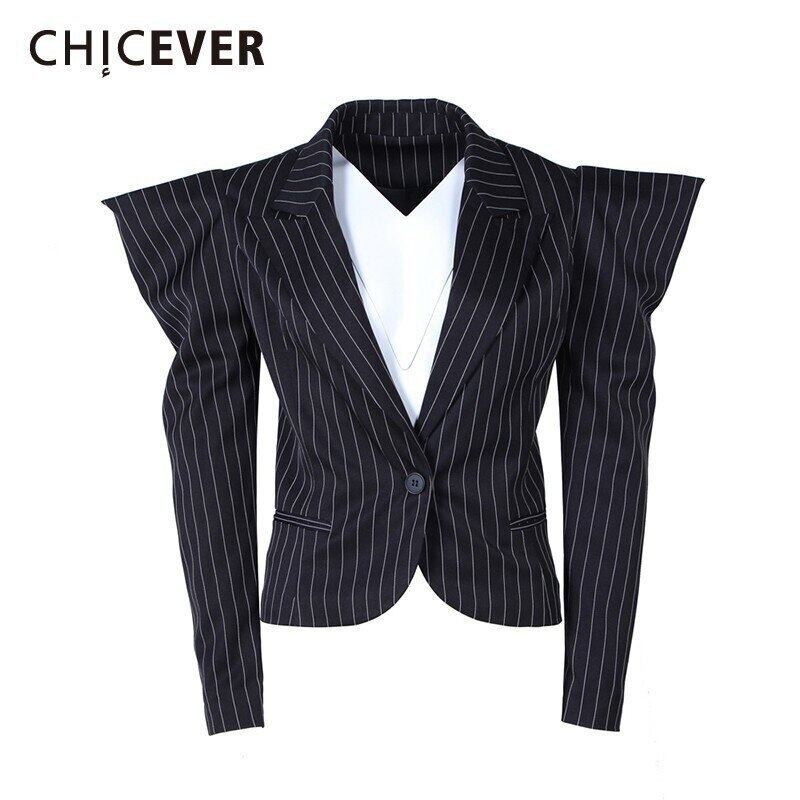 CHICEVERパフスリーブブレザーレディースストライプラペルカラー長袖シングルボタンウエストコートスプリング ロング 春物 6base531306756847