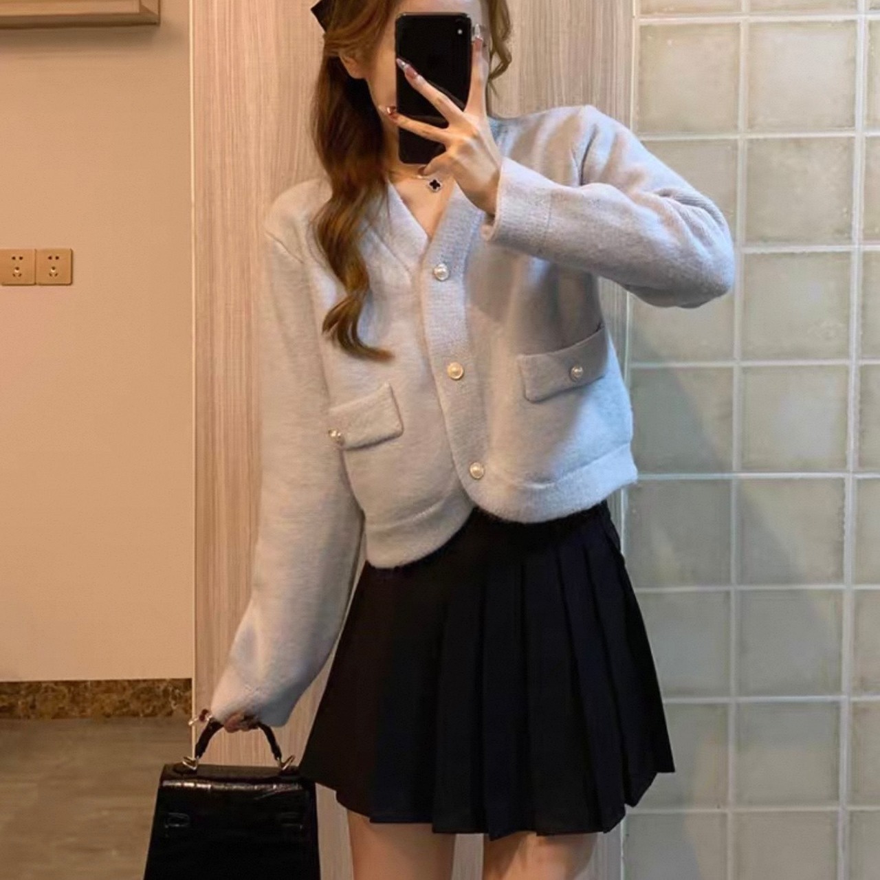 Milk Blue V-Neck Bow Knit Cardigan