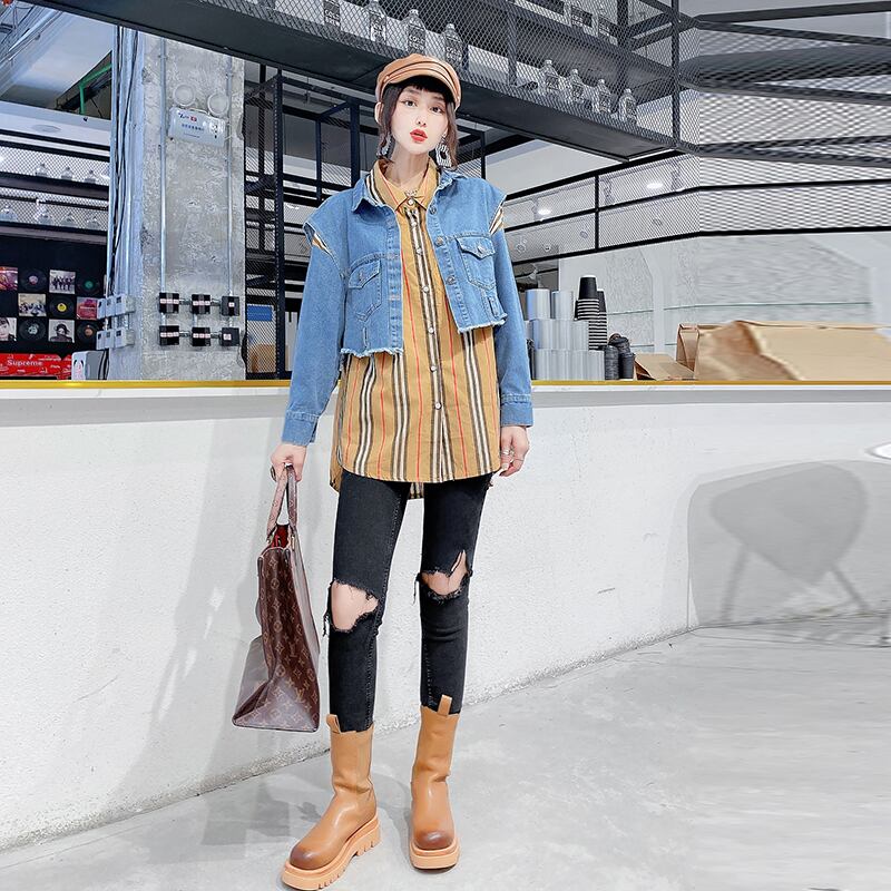 プラスサイズ2020秋新作ファットmmデニムチョッキチェック柄シャツツーピースレディースカーディガンルーズ&シントップ ミックスインファッション2997256288