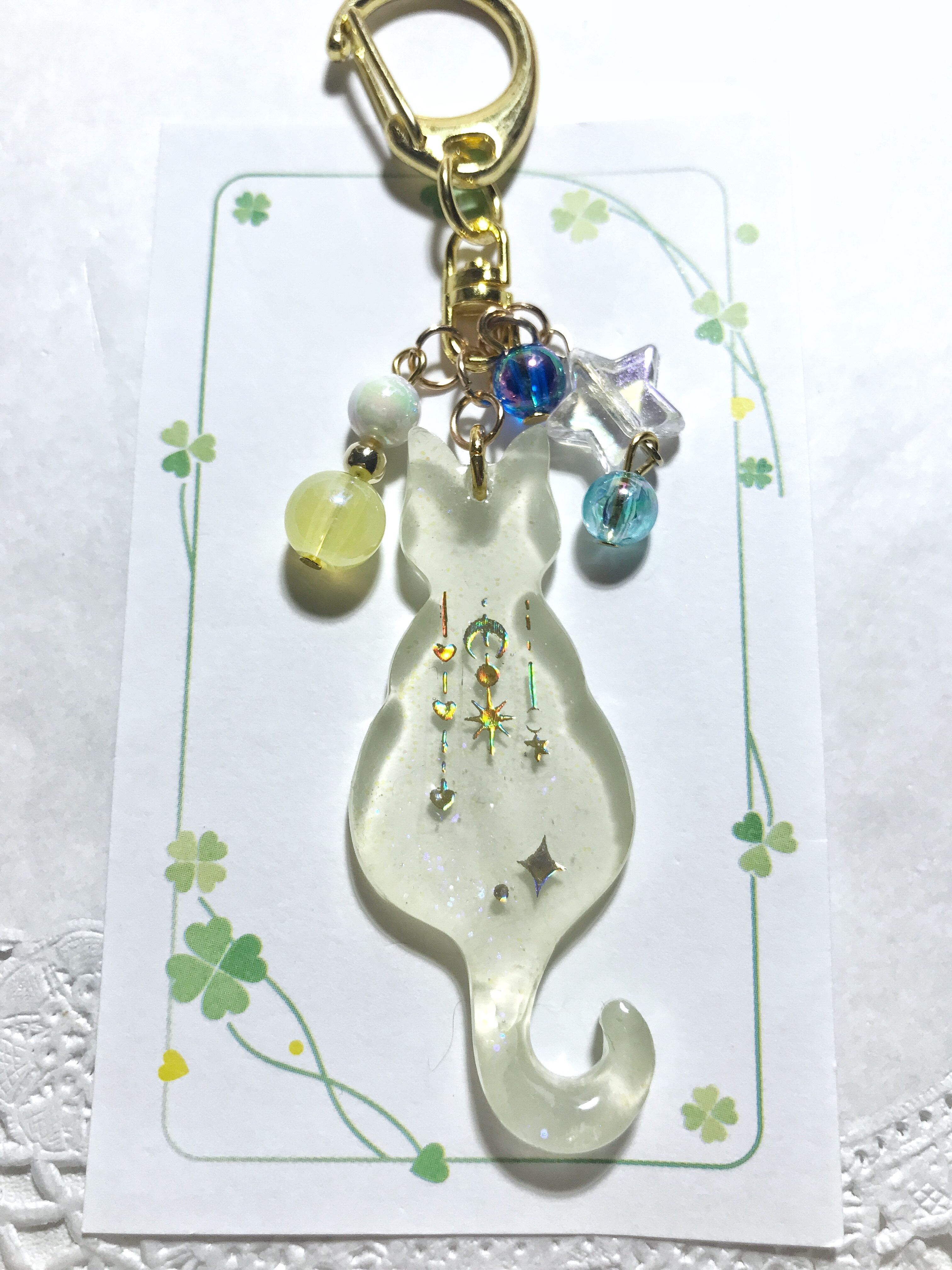 ฅ❤️ 猫 ねこ レジン 天然石 水晶 チャーム 花 バックチャーム 