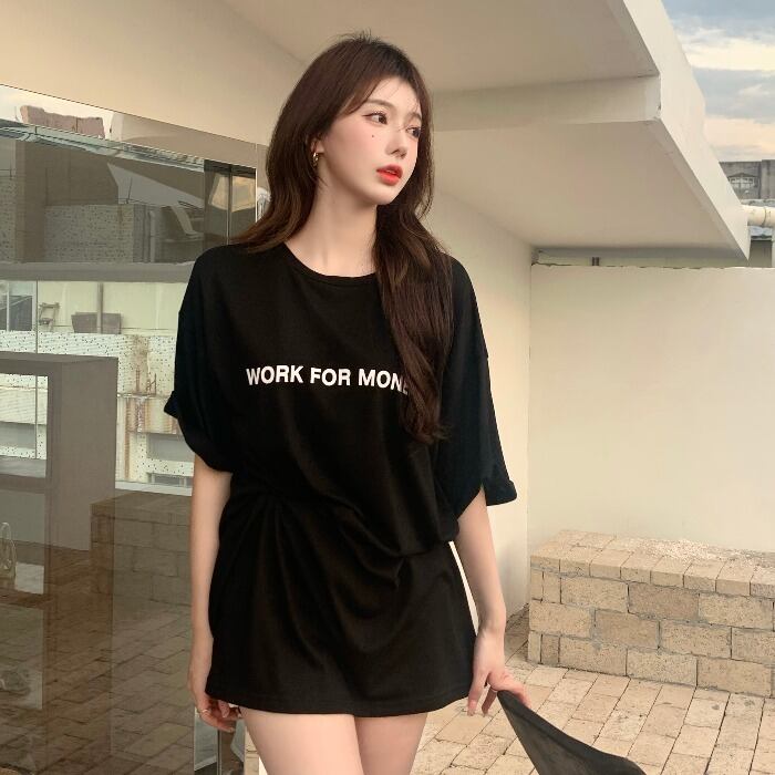 ルーズプリントスリーブカジュアルTシャツ ブラックトップス レディースサマー 夏物 ドラファッションホール57606949539