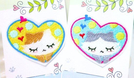 シールにもなる猫の刺繍ワッペン◆もりりんちゃんハート型