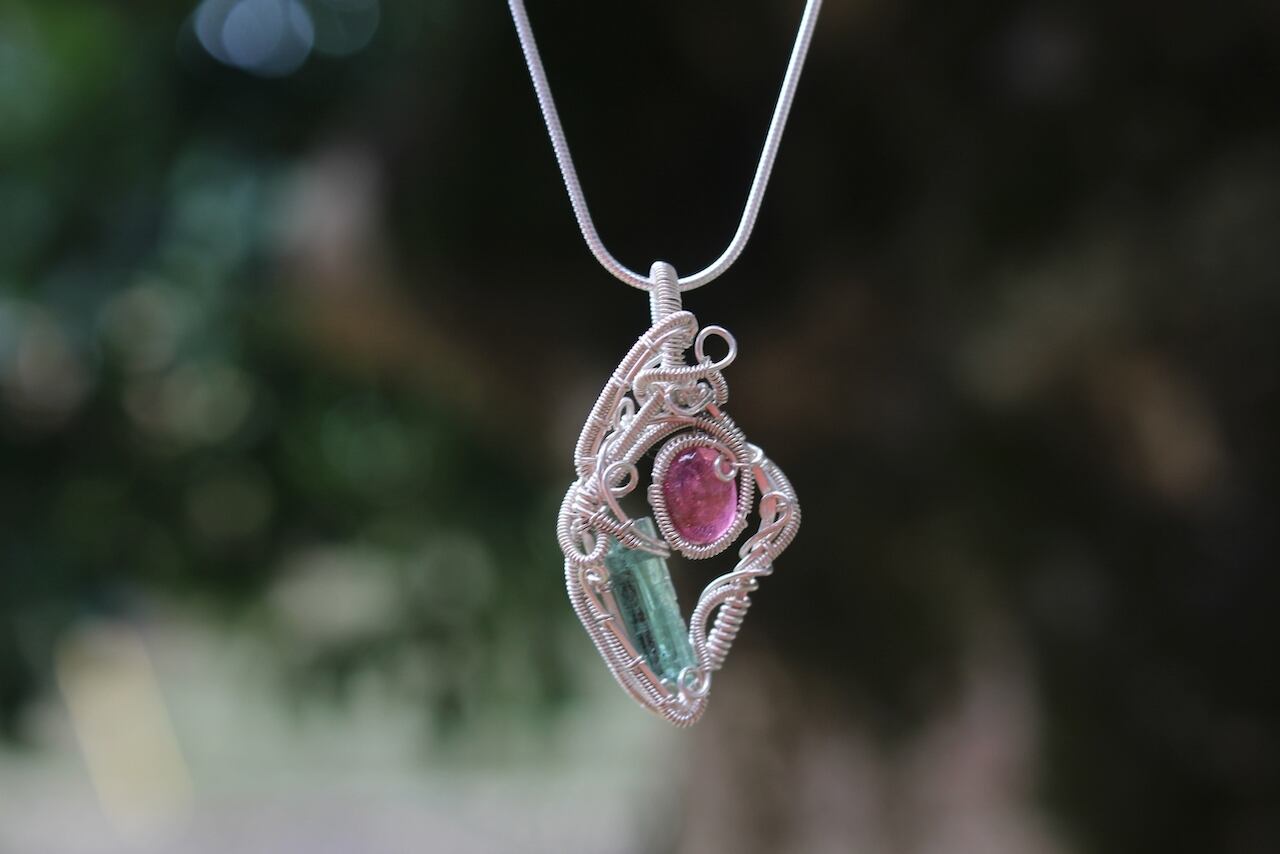 Green & Pink Tourmaline silver925 wire wrapping pendant