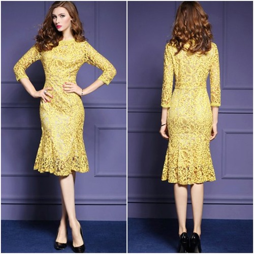 結婚式ドレス レースドレス 春服秋服 スリムフィット 長袖 フィッシュテールスカート プルオーバー ラウンドネック 七分袖 大きいサイズ 2XL 3XL およばれ フォーマル ワンピース エレガント