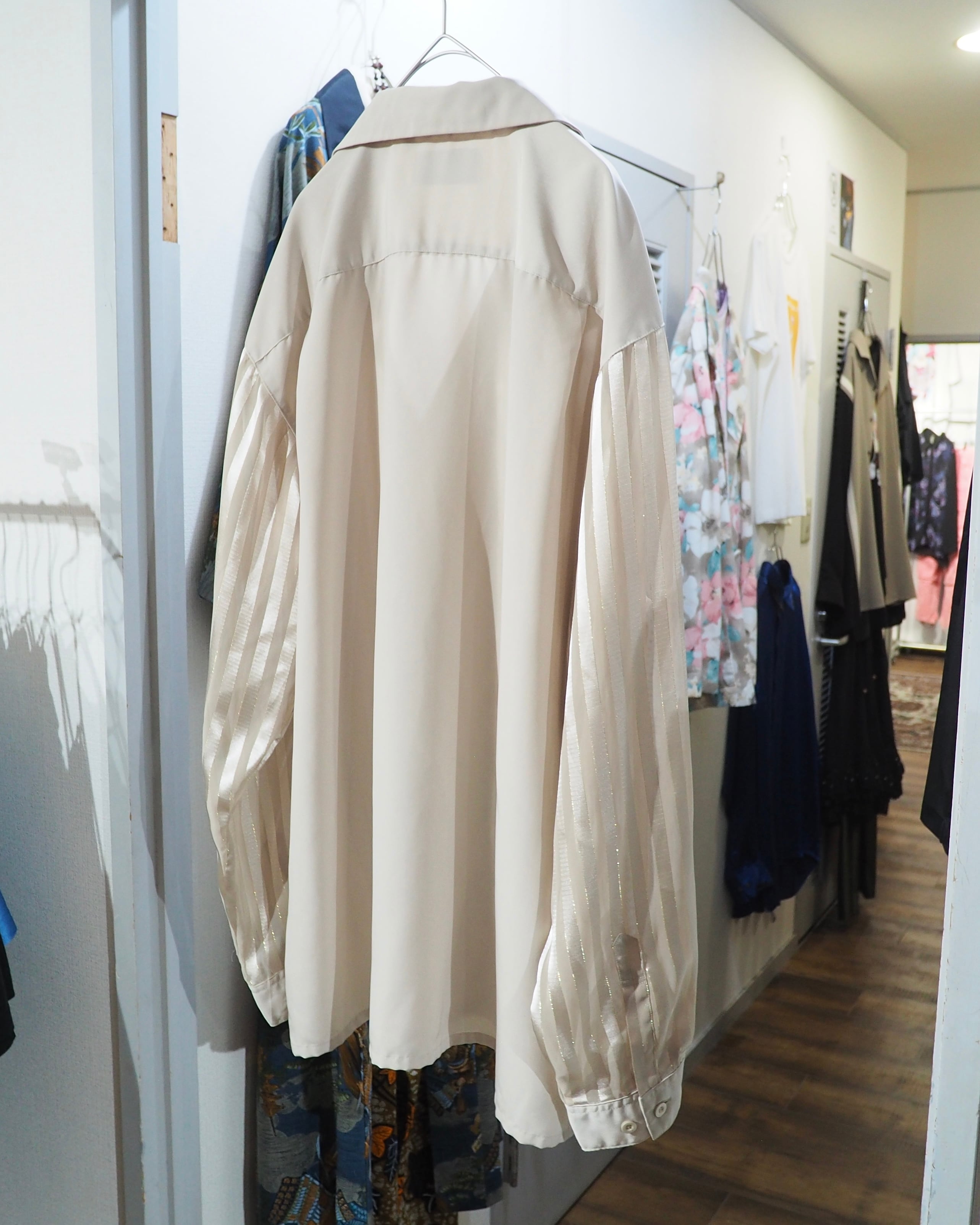 1990s " PRONTI " Sheer stripe Design vintage Drape loose Open collar Shirt