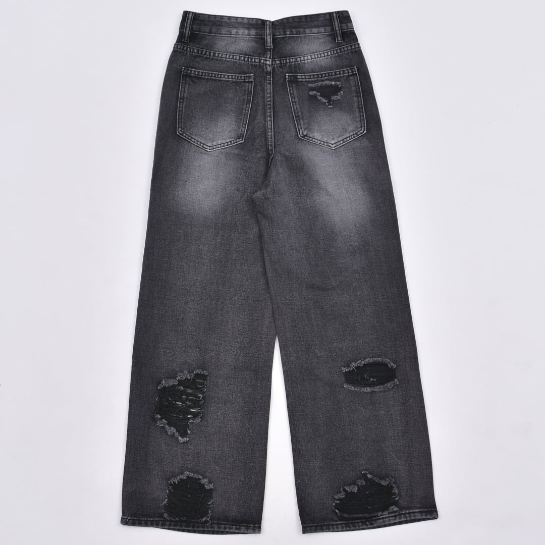 1/14 完売→再入荷！】ブラックダメージ ワイドデニムパンツ