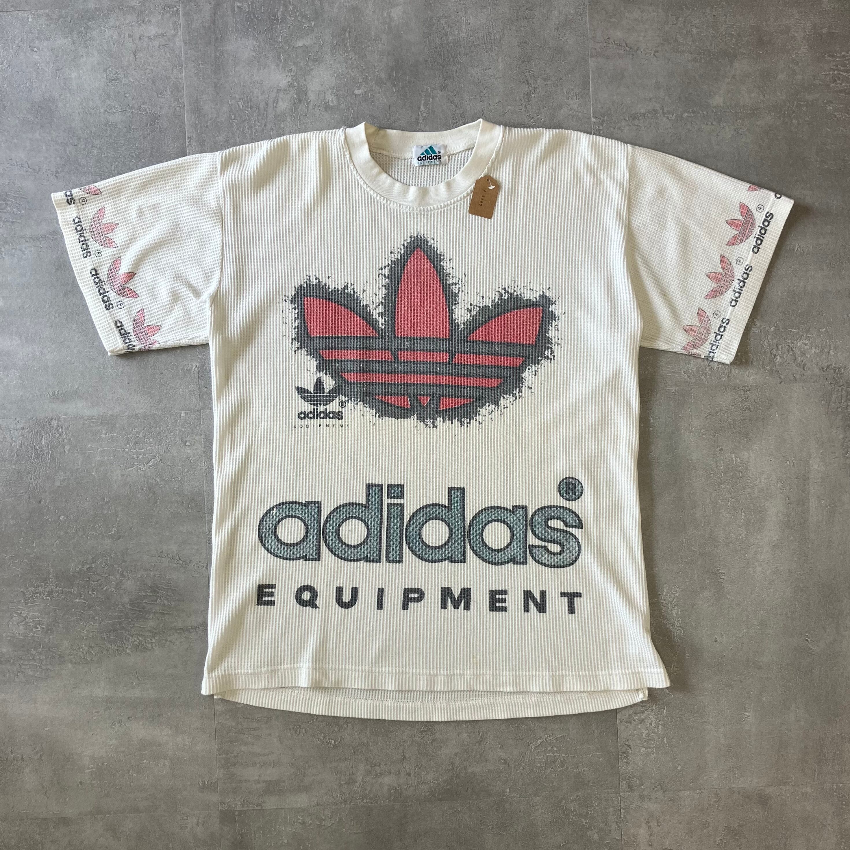 adidas ~90s vintage equipment サーマル ワッフル 染み込みプリントTee XL程度 No.2329